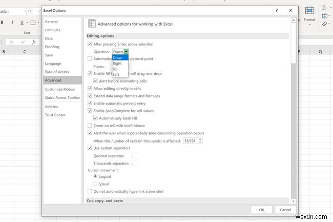 วิธีการเปลี่ยนทิศทางการเคลื่อนที่ของเคอร์เซอร์ใน Excel