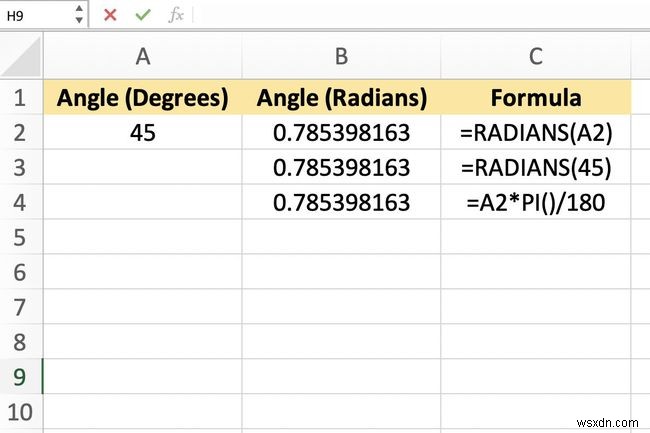 วิธีการแปลงมุมจากองศาเป็นเรเดียนใน Excel