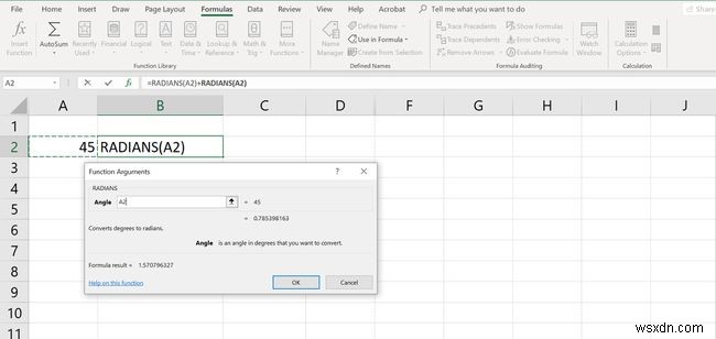 วิธีการแปลงมุมจากองศาเป็นเรเดียนใน Excel