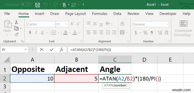 ฟังก์ชัน Excel TAN:วิธีหามุมสัมผัส