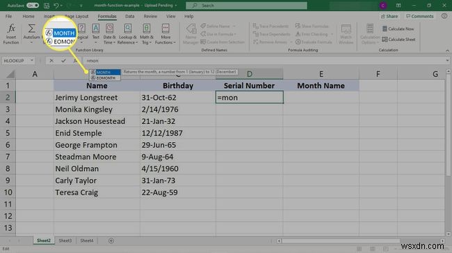 วิธีใช้สูตรเดือนใน Excel