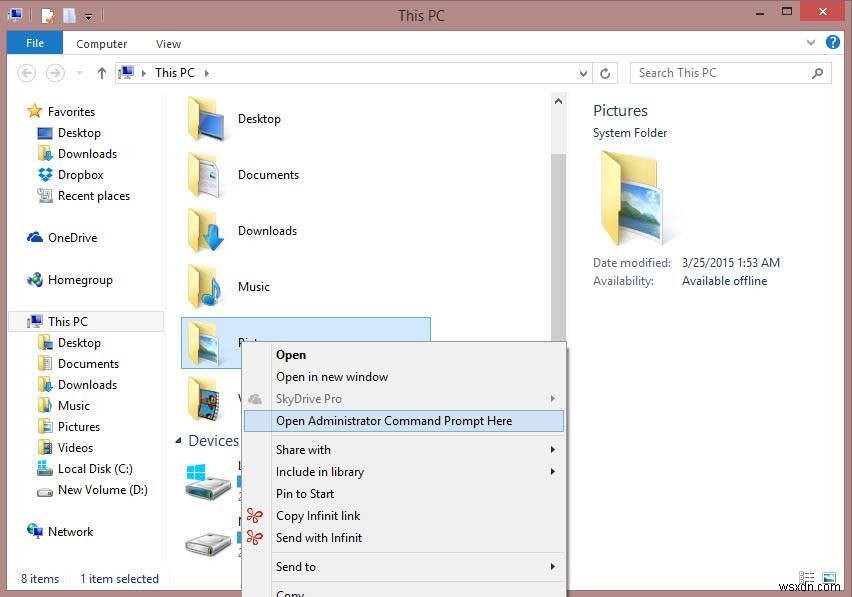 วิธีการเปิดพรอมต์คำสั่งของผู้ดูแลระบบใน Windows 8 File Explorer