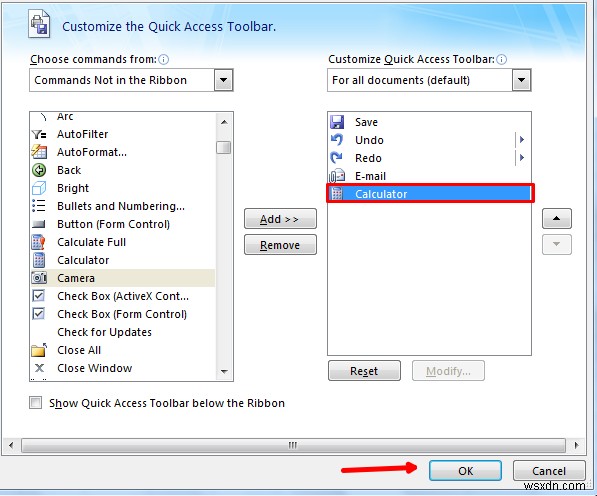 เพิ่ม Windows Calculator ลงใน Excel Quick Access Toolbar