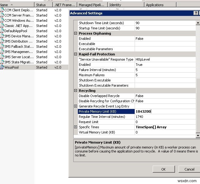 ข้อผิดพลาดในการอัปเดต Windows 0x80244022 และขีดจำกัดหน่วยความจำ WsusPool