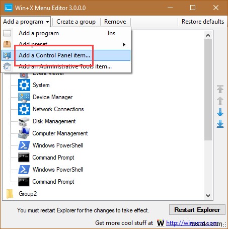 วิธีแสดงตัวเลือกแผงควบคุมในเมนู  Win + X  ของ Windows 10