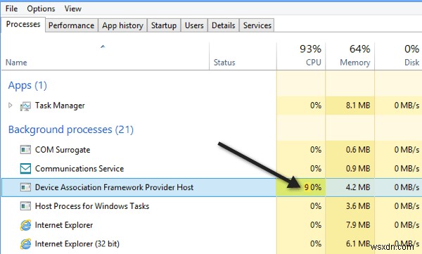 Device Association Framework การใช้งาน CPU สูงใน Windows 10? 