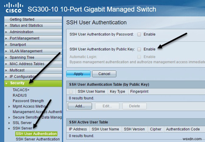 เปิดใช้งานการตรวจสอบสิทธิ์คีย์สาธารณะสำหรับ SSH บนสวิตช์ Cisco SG300 