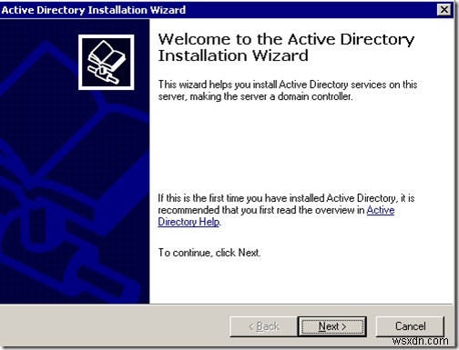 การติดตั้งไดเรกทอรีที่ใช้งานอยู่ของ Windows 2003:dcpromo 