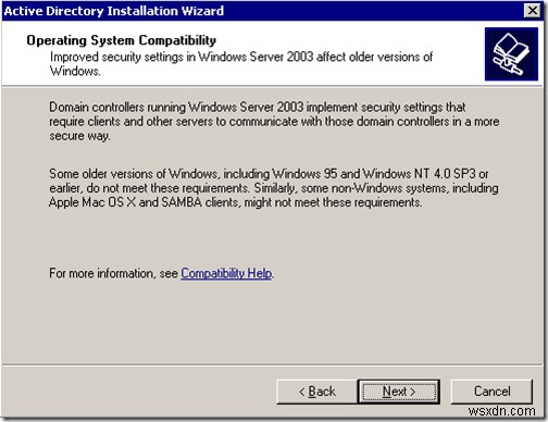 การติดตั้งไดเรกทอรีที่ใช้งานอยู่ของ Windows 2003:dcpromo 