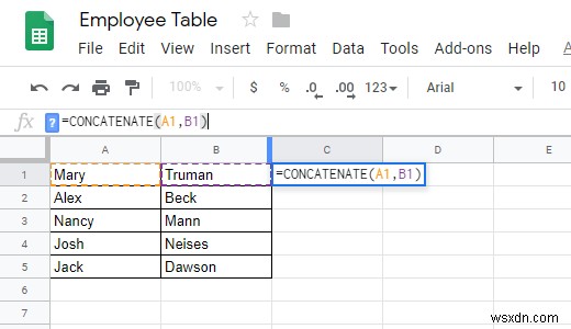 วิธีใช้ฟังก์ชัน CONCATENATE ใน Google ชีต 