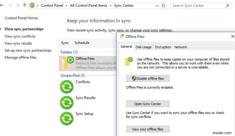 เปิดใช้งานและกำหนดค่าไฟล์ออฟไลน์ใน Windows 10 