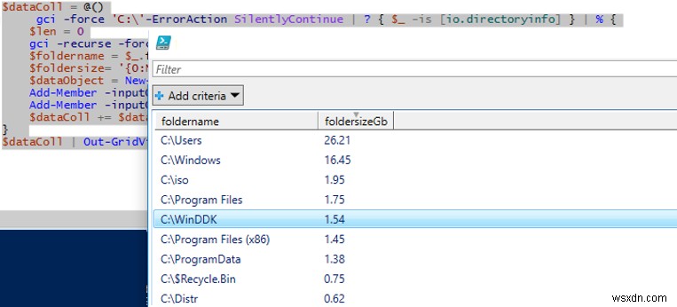 PowerShell:รับขนาดโฟลเดอร์บนดิสก์ใน Windows 