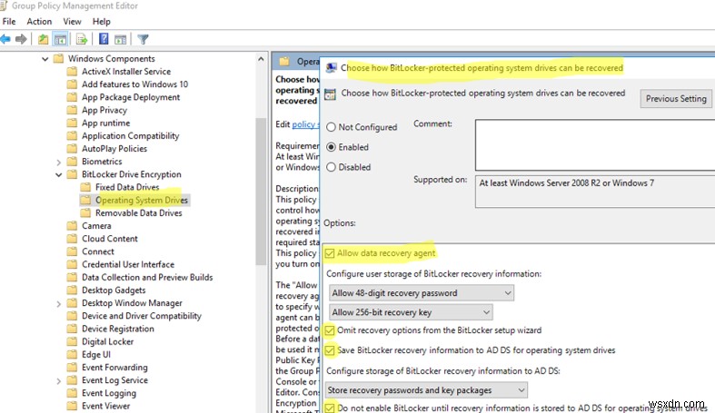 การจัดเก็บคีย์การกู้คืน BitLocker ใน Active Directory 