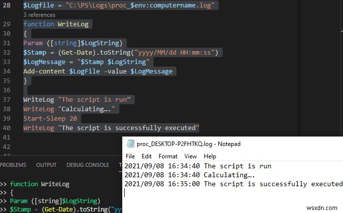 การเขียนเอาต์พุตไปยังไฟล์บันทึกใน PowerShell Script 