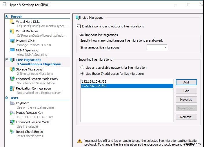 การกำหนดค่า Hyper-V Live Migration โดยไม่มี Failover Clustering 