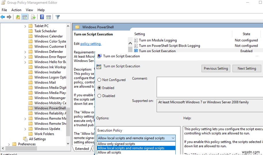 การกำหนดค่านโยบายการดำเนินการสคริปต์ PowerShell 