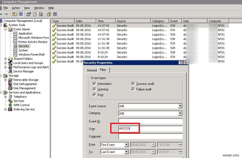 วิธีกรองบันทึกเหตุการณ์ตามชื่อผู้ใช้ใน Windows 2008 ขึ้นไป 