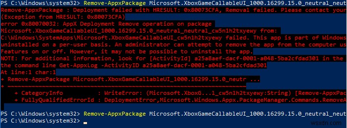 ข้อผิดพลาด 0x80073CFA:ไม่สามารถถอนการติดตั้งแอปโดยใช้ Remove-AppxPackage ใน Windows 10 