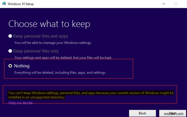 ข้อผิดพลาดในการอัพเกรด Windows 10:อาจมีการติดตั้ง Windows ในไดเรกทอรีที่ไม่รองรับ 
