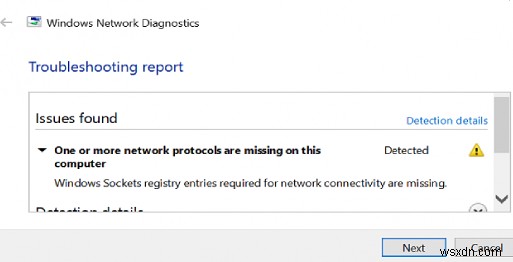 ข้อผิดพลาดของโปรโตคอลเครือข่าย Windows 10:ไม่มีรายการรีจิสทรีของ Windows Sockets 