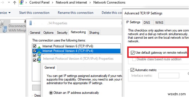 Windows 10:ไม่มีการเชื่อมต่ออินเทอร์เน็ตหลังจากเชื่อมต่อกับเซิร์ฟเวอร์ VPN 