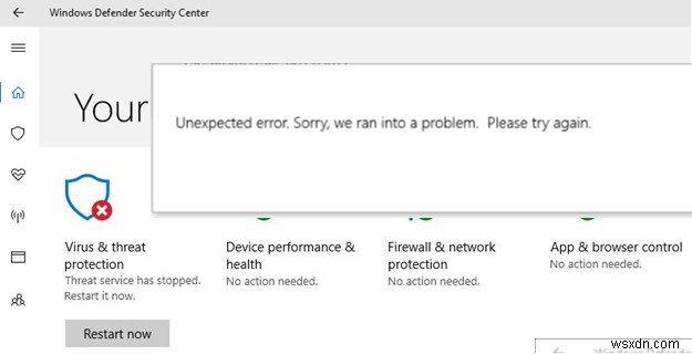 บริการภัยคุกคามของ Windows Defender หยุดทำงาน เริ่มต้นใหม่ทันที 