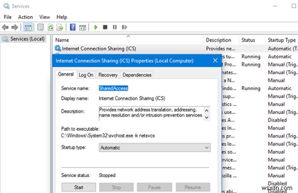 Internet Connection Sharing (ICS) หยุดทำงานหลังจากรีบูตใน Windows 10 