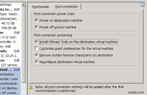 VMware Converter:ซิงโครไนซ์การเปลี่ยนแปลงเมื่อดำเนินการ P2V หรือ V2V 