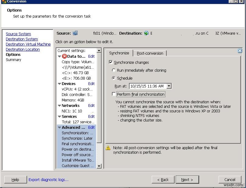 VMware Converter:ซิงโครไนซ์การเปลี่ยนแปลงเมื่อดำเนินการ P2V หรือ V2V 