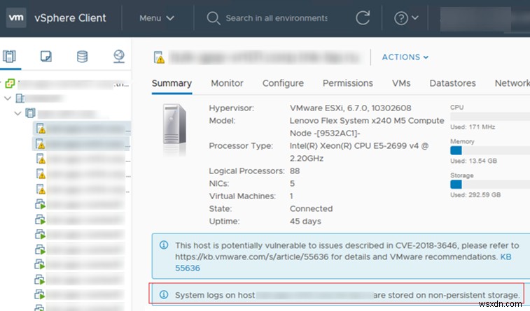 บันทึกระบบบนโฮสต์ ESXi ถูกเก็บไว้ในที่เก็บข้อมูลที่ไม่ถาวร 