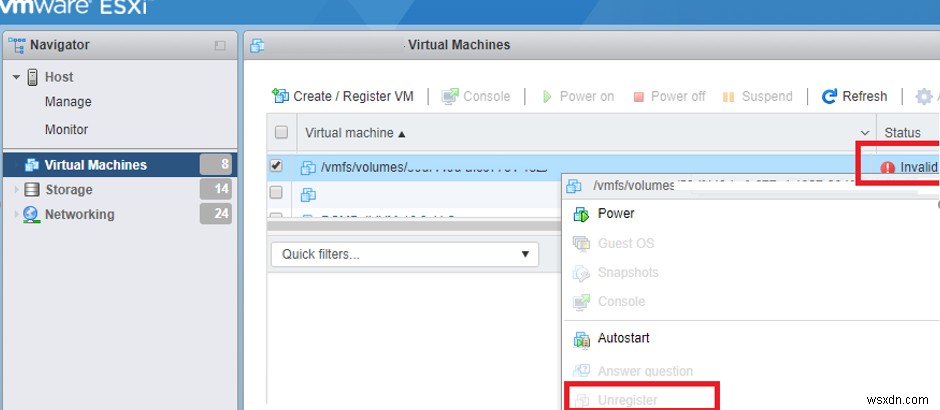 สถานะเครื่องเสมือนบน VMWare ESXi . ไม่ถูกต้อง 