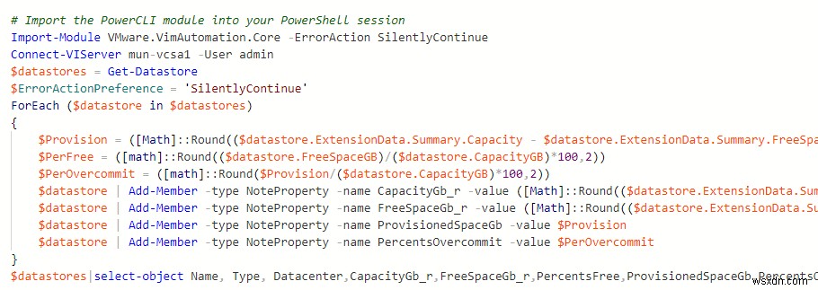 การตรวจสอบพื้นที่ว่างบน VMFS Datastores ผ่าน PowerCLI 