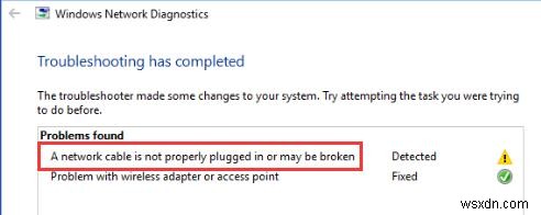 แก้ไข:เสียบสายเคเบิลเครือข่ายไม่ถูกต้องหรืออาจใช้งานไม่ได้ใน Windows 10 