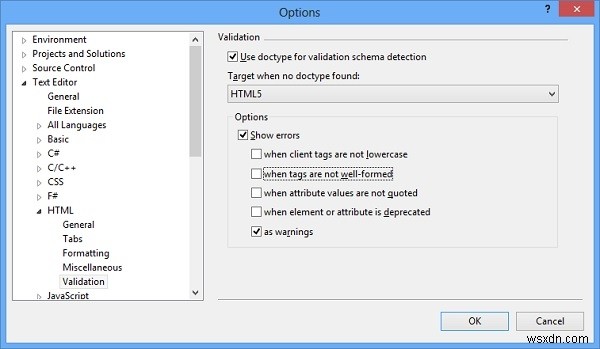 การเพิ่มการตรวจสอบ HTML5 ให้กับ Visual Studio 