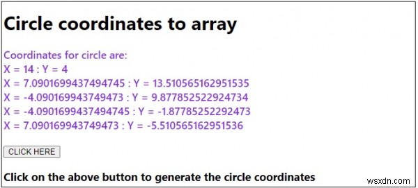 พิกัดวงกลมไปยังอาร์เรย์ใน JavaScript 