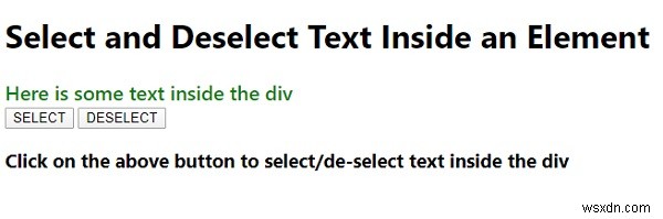 เลือกและยกเลิกการเลือกข้อความภายในองค์ประกอบโดยใช้ JavaScript 