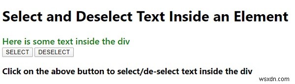 เลือกและยกเลิกการเลือกข้อความภายในองค์ประกอบโดยใช้ JavaScript 