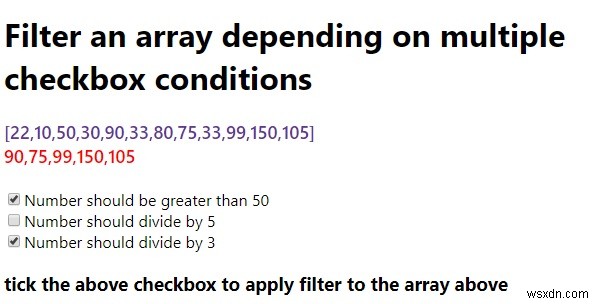 ตัวอย่าง JavaScript เพื่อกรองอาร์เรย์ขึ้นอยู่กับเงื่อนไขช่องทำเครื่องหมายหลายช่อง 