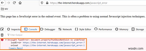 จับข้อผิดพลาด JavaScript ในซีลีเนียม 