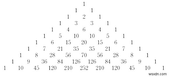 การหาองค์ประกอบของแถวที่ n ของสามเหลี่ยม Pascal ใน JavaScript 