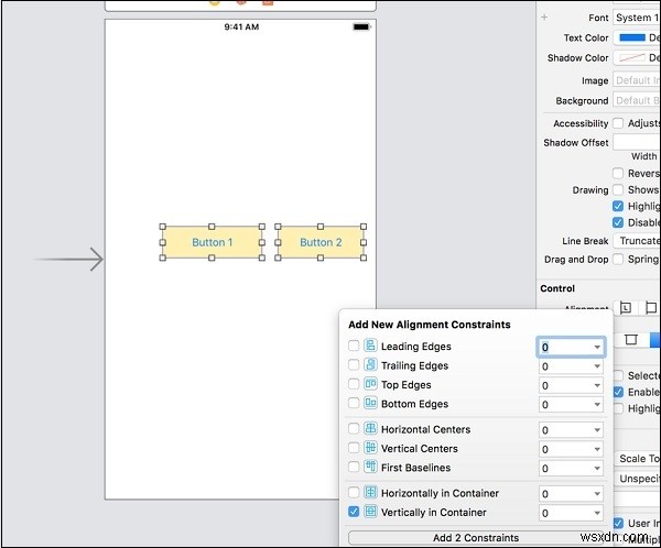 การจัดตำแหน่งสองปุ่มในแนวตั้งใน iOS 