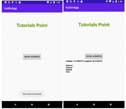 จะรับที่อยู่ที่สมบูรณ์จากละติจูดและลองจิจูดบน Android Kotlin ได้อย่างไร 