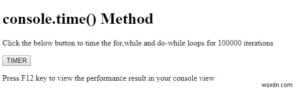 HTML DOM console.time() วิธีการ 