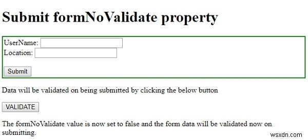 HTML DOM Input ส่ง formNoValidate คุณสมบัติ 