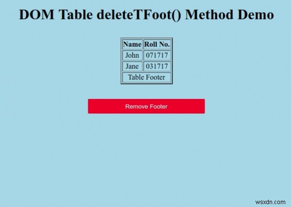 ตาราง HTML DOM deleteTFoot() เมธอด 