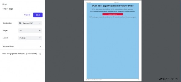 คุณสมบัติ HTML DOM pageBreakInside 