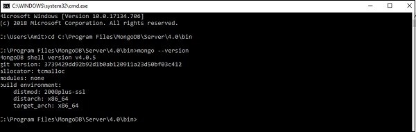 ฉันจะรู้ได้อย่างไรว่า MongoDB เวอร์ชันใดติดตั้งโดยใช้ Command Line 