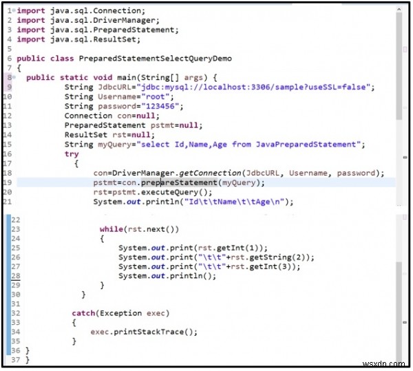 จะใช้คำสั่งที่เตรียมไว้สำหรับแบบสอบถามแบบเลือกข้อมูลใน Java กับ MySQL ได้อย่างไร 