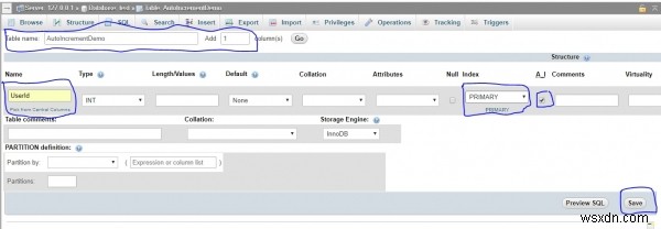 จะเพิ่มการเพิ่มขึ้นอัตโนมัติให้กับคอลัมน์ในฐานข้อมูล MySQL โดยใช้ PhpMyAdmin ได้อย่างไร 