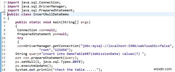 วิธีที่หรูหรากว่าในการแทรก java.sql.Date เปล่าในฐานข้อมูล MySQL? 